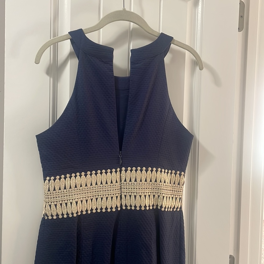 Lilly Pulitzer Ashlyn True Navy Blue Shift Gold Waist Halter Mini Dress - Picture 4 of 5